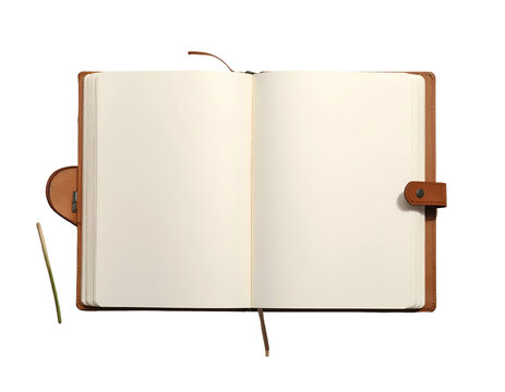 Open journal with blank pages, leather cover, pencil, and ribbon bookmark