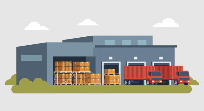 Warehouse with trucks and stacked boxes for logistics and distribution.
