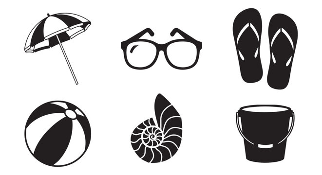Summer beach vacation icon set. Vector silhouettes of umbrella, sunglasses, flip flops, and seashell for travel design.
