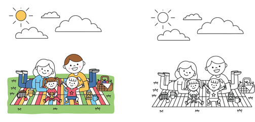 Obraz premium Happy family picnic in the park coloring book page for kids featuring parents and children with colored reference and black and white line art vector for educational activities.
