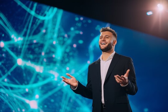 Dynamic Business Speaker at Tech Conference. businessman speaking at corporate conference, dynamic presentation on stage with large led screen.
