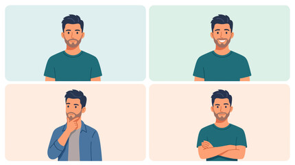 Fototapeta premium Half Body Male Character Vector Set – 4 Modern Avatar Illustrations in Clean Grid