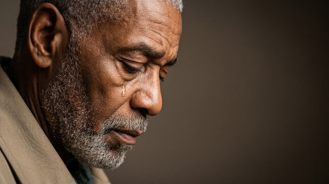 Close-up portrait of a grieving senior African American man crying with a tear on his cheek