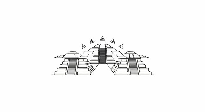 Stylized stepped pyramids with triangular sun symbols above