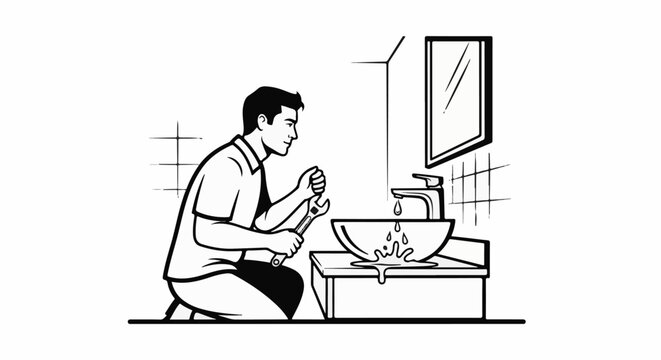 A person kneels in front of a sink, holding a wrench and repairing a faucet