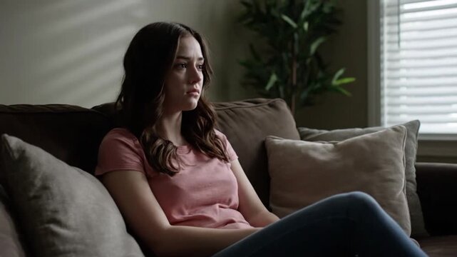 Depressed and Pensive Young Woman Sitting Alone on Sofa in Dimly Lit Living Room Expressing Sadness and Anxiety