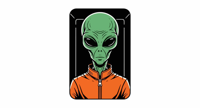 A close-up portrait of a green alien wearing an orange jacket