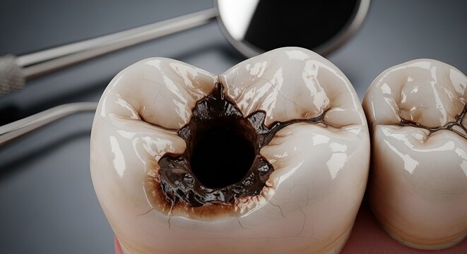 close-up of severe tooth decay and cavity in human molar with dental tools