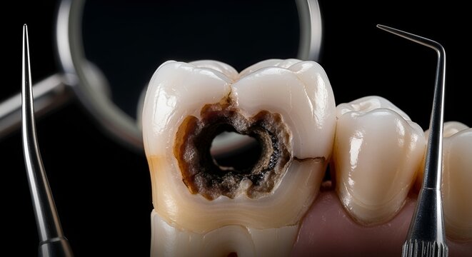 Close-up dental decay treatment with surgical tools in clinical setting