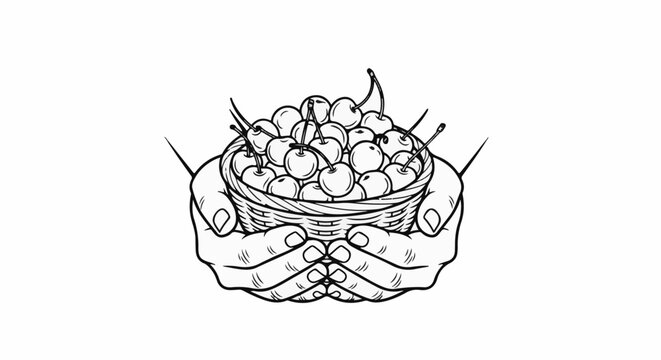 A line art drawing of two hands cupped to hold a basket overflowing with cherries
