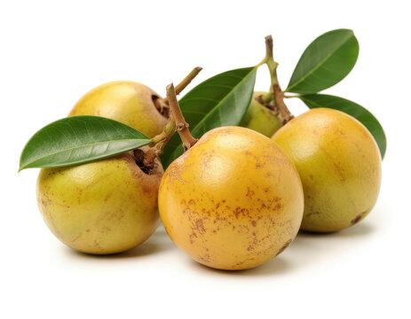 Fresh yellow egg fruit or canistel fruits with green leaves isolated on a white background