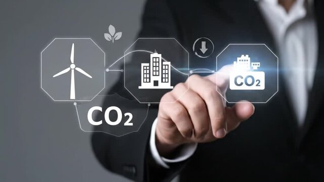 Businessman Interacting with Futuristic Digital Interface for ESG Carbon Footprint Reduction and Sustainable Energy Management