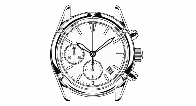 Detailed line drawing of a classic chronograph watch face with subdials