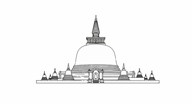 Detailed line drawing of a large stupa with surrounding smaller stupas