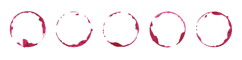 Wine glass stains set. Red circular wine rings and splashes on white background. Realistic beverage marks collection for bar or restaurant design, menu decoration. Texture vintage vector illustration. © backup16