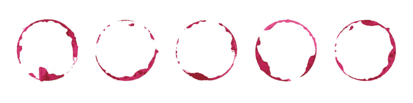 Wine glass stains set. Red circular wine rings and splashes on white background. Realistic beverage marks collection for bar or restaurant design, menu decoration. Texture vintage vector illustration.