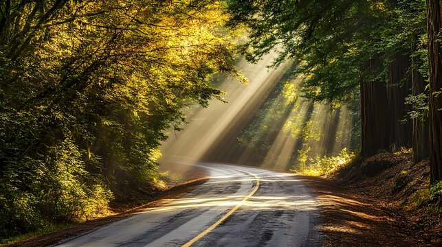 Winding road through sun-dappled redwood forest trees