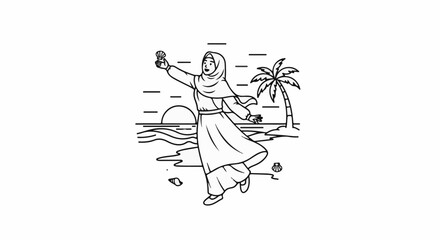 Obraz premium Joyful woman in hijab dances on beach at sunset with seashell