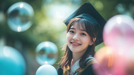 Naklejka premium Combination of transparent bubbles and graduation balloons,soft gentle light,dreamy youthful graduation image