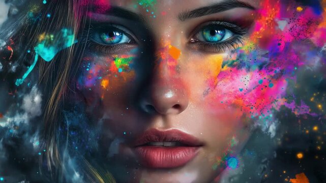 A portrait shows a woman with bright blue eyes and colorful abstract patterns covering her face