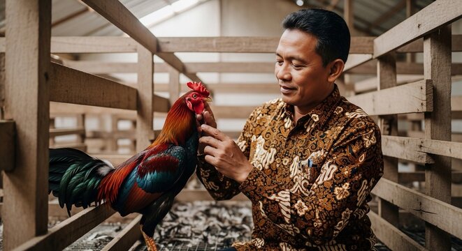 Indonesian Man in Batik Shirt Gently Holds a Colorful Rooster in a Traditional Chicken Coop.
