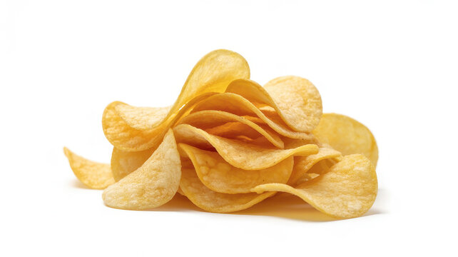 Pile of crispy golden potato chips isolated on a white background, for snack food