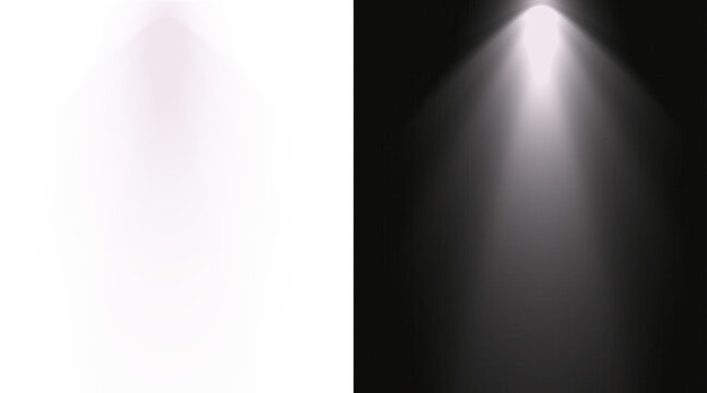Bright white spotlight beam shining down on a dark and light background isolated on transparent background