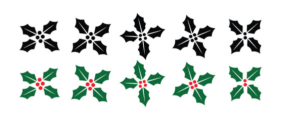 Christmas holly leaf and berry icons. in silhouette and color styles vector illustration. © CreatetiveDesignX