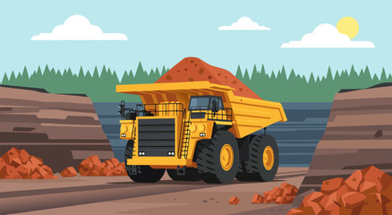 Large yellow mining dump truck with a load of soil, vector illustration of heavy machinery in a quarry or mine © Purnomo