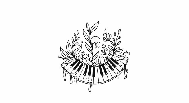 A musical keyboard with blooming flowers and dripping effects, black and white