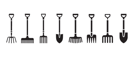 Set of gardening tool icons. featuring rakes shovels and pitchforks flat design vector illustration. © CreatetiveDesignX
