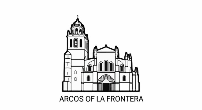 Stylized black and white line drawing of a large church facade
