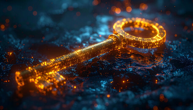 A glowing golden digital key lies on a dark, textured surface, illuminated by shimmering orange light particles, creating a mysterious and technological atmosphere.
