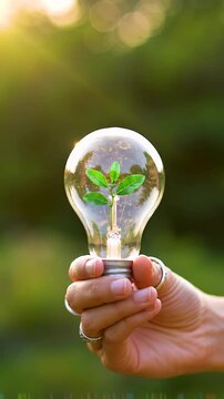 Gender-neutral hand cradles clear light bulb with vibrant green seedling unfurling leaves inside, bathed in warm golden hour light against lush bokeh. Concept of green innovation and sustainable
