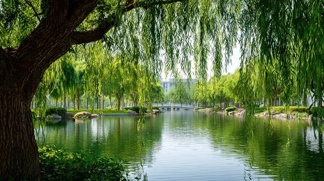 Lakeside campus scenery,weeping willow and breeze,calm lake water,gentle healing graduation scene