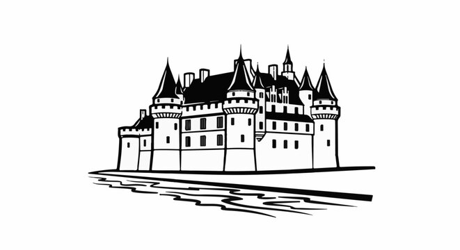 Ornate black and white illustration of a grand castle with multiple towers and turrets