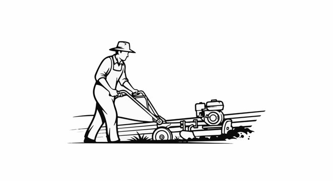 Person in hat and overalls operating a rotary tiller in a field