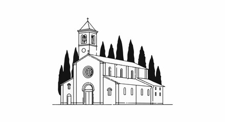 Obraz premium Line art sketch of a church with a bell tower and cypress trees