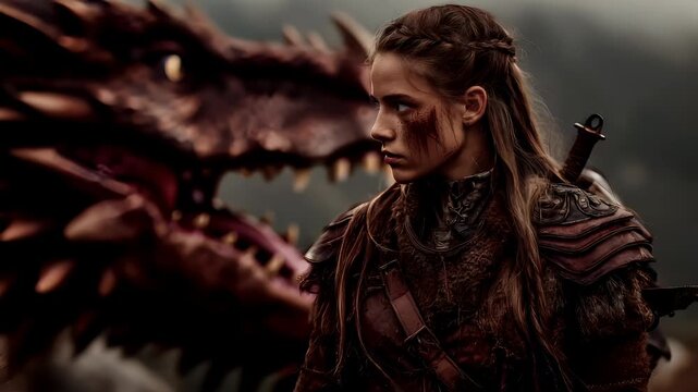 Fantasy wallpaper. A dramatic portrayal of a female warrior, set against a backdrop of a majestic dragon. The warrior has long.