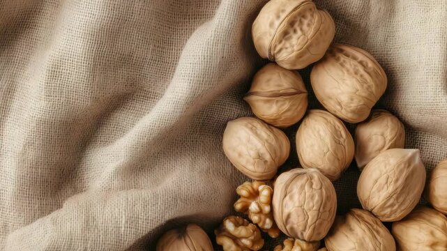 Walnuts are placed on a textured fabric, showing their shell and inner details, creating a natural display of nuts on soft material