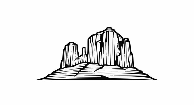 Stylized black and white depiction of towering desert mesas with layered rock formations