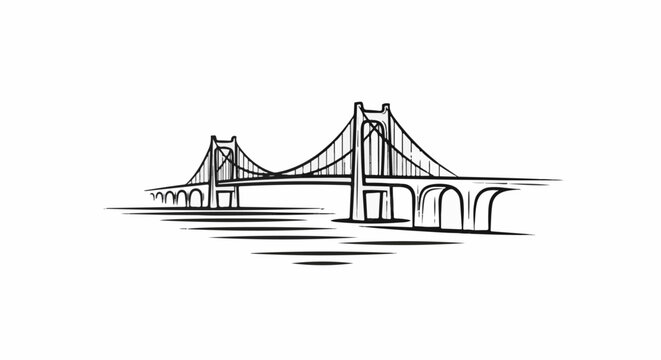 Stylized black ink drawing of a suspension bridge crossing tranquil waters