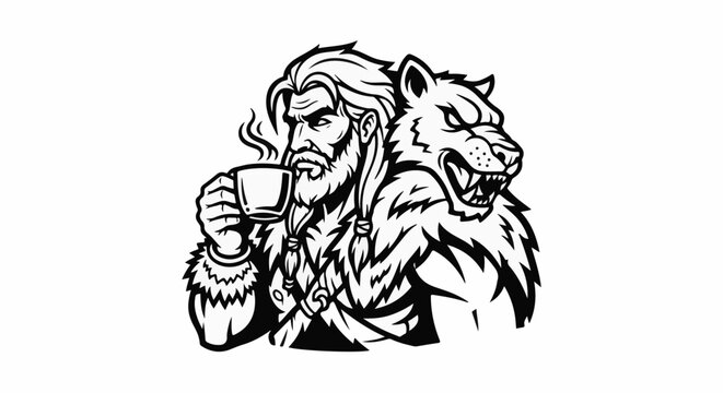 Bearded warrior with steaming cup of coffee and fierce animal spirit
