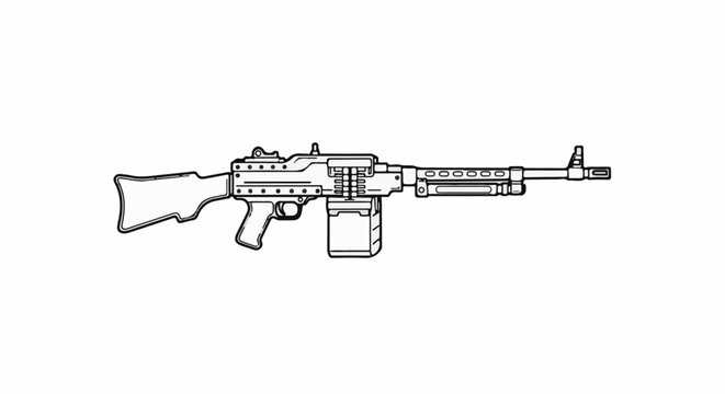 A detailed black and white line drawing of a heavy machine gun