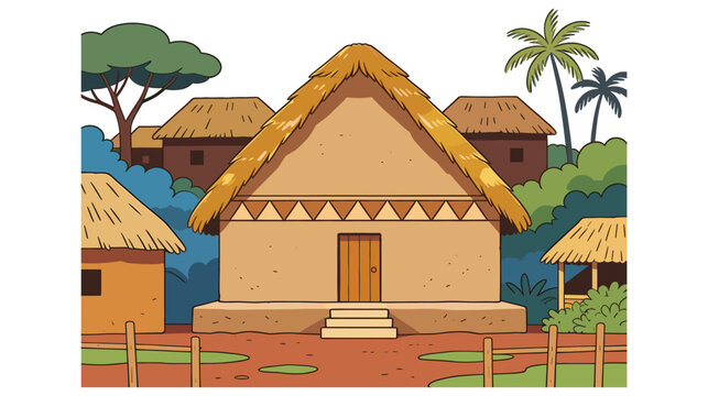 Traditional african village with hut houses, straw roofs, lush tropical plants, and trees.