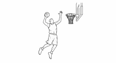 Obraz premium A stylized black and white sketch depicts a basketball player mid-air dunk
