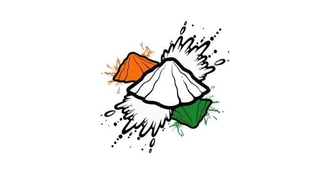 Abstract design with three stylized conical shapes in orange, white, and green