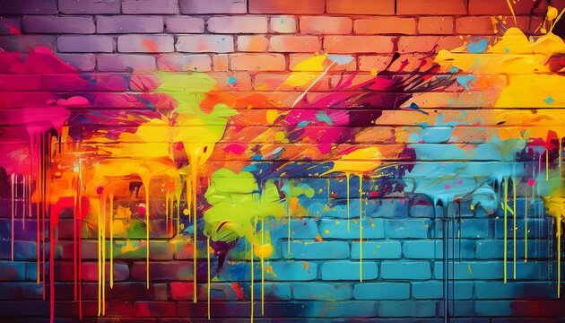 pop art comic street graffiti with vibrant colorful splash on brick wall dirty wall background poster copy paste area for text and brand