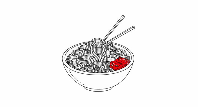 A black and white illustration of a bowl of noodles with chopsticks and a dollop of red sauce
