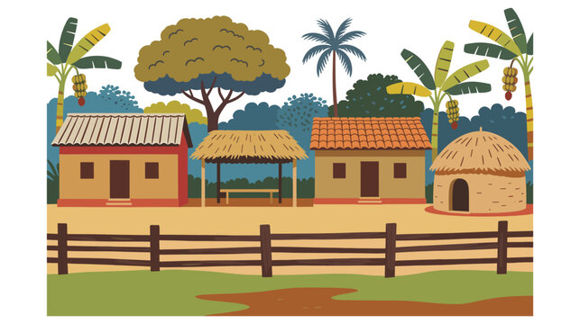 Lush tropical village with traditional houses, huts, and an inviting shaded sitting area.